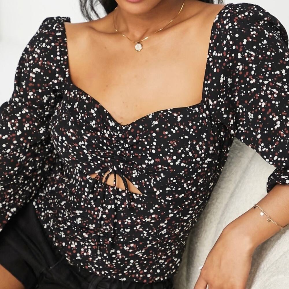 Abercrombie & Fitch Dotted Tie Front Smocked Top Women's Medium Black